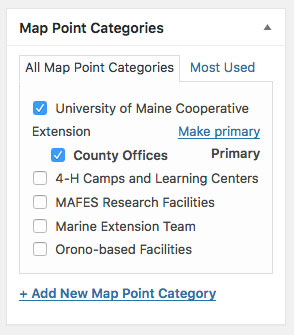 screenshot showing Map Point Categories WordPress interface