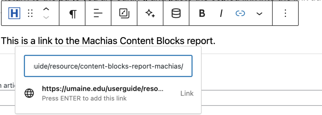 A screenshot of the link tool in Gutenberg.