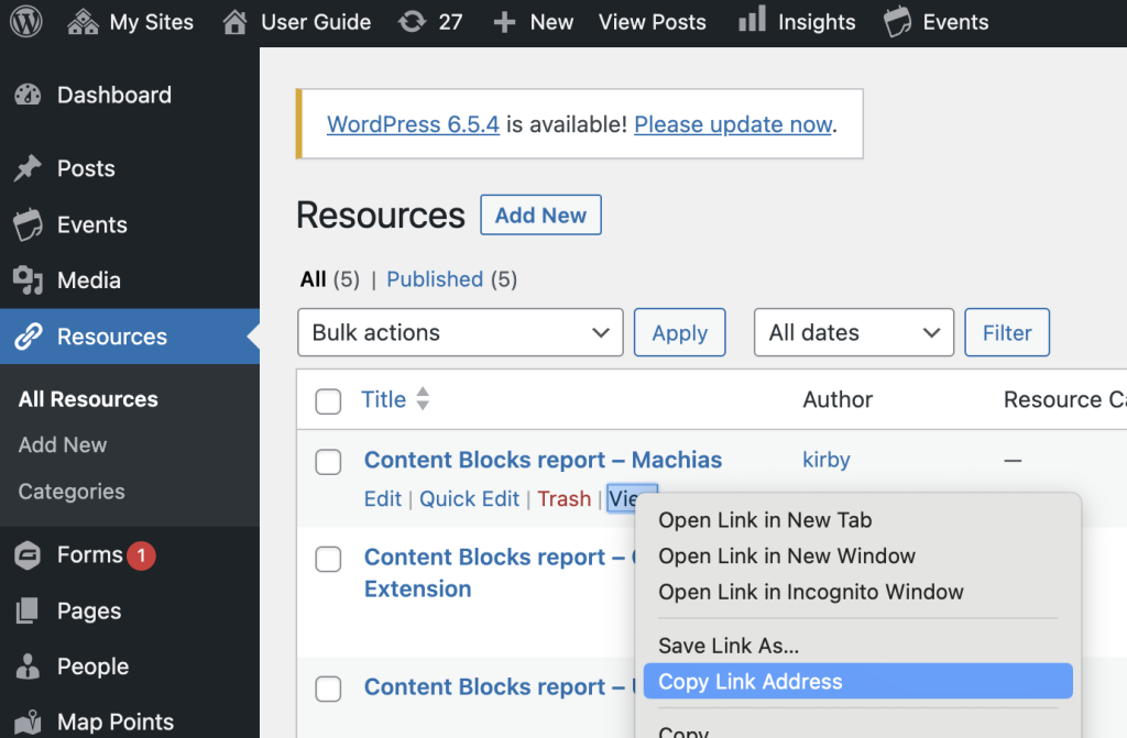 A screenshot of the WordPress Resources dashboard, detailing the context menu when right-clicking the "view" link for a resource.