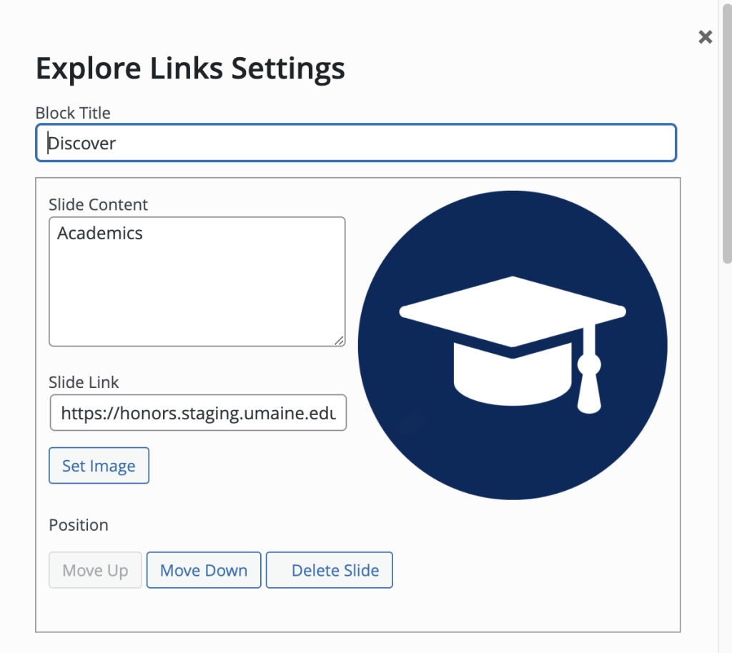 A screenshot of the dialog box for the explore links content block.