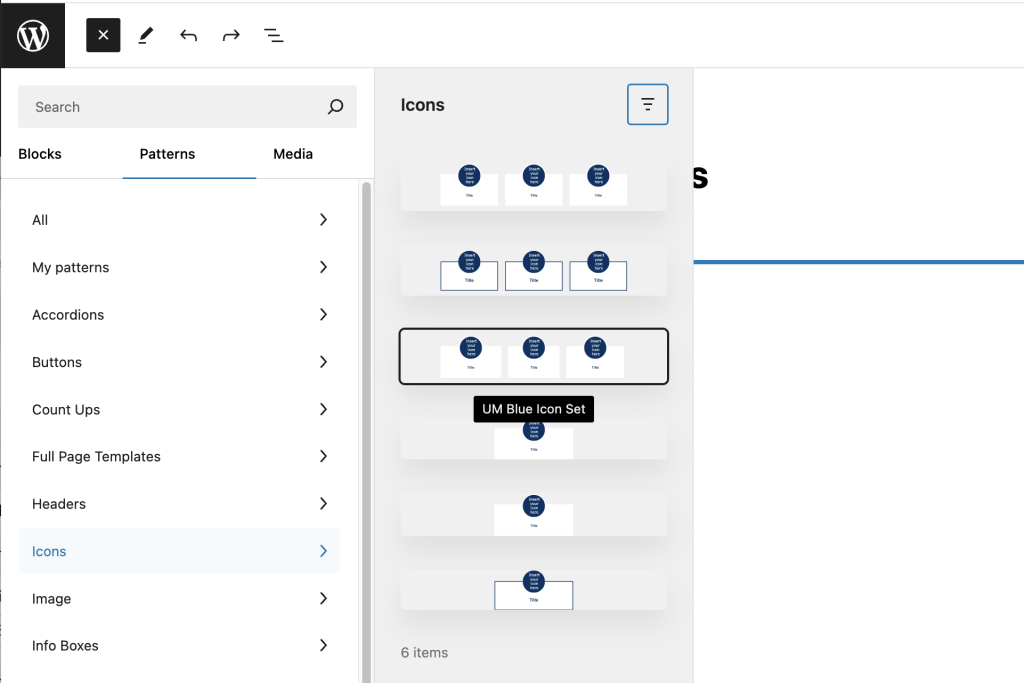 A screenshot of the Gutenberg editor displaying the UM Blue Icon Set pattern.