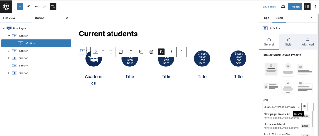 A screenshot of an info box showing how to set a link destination in its options.