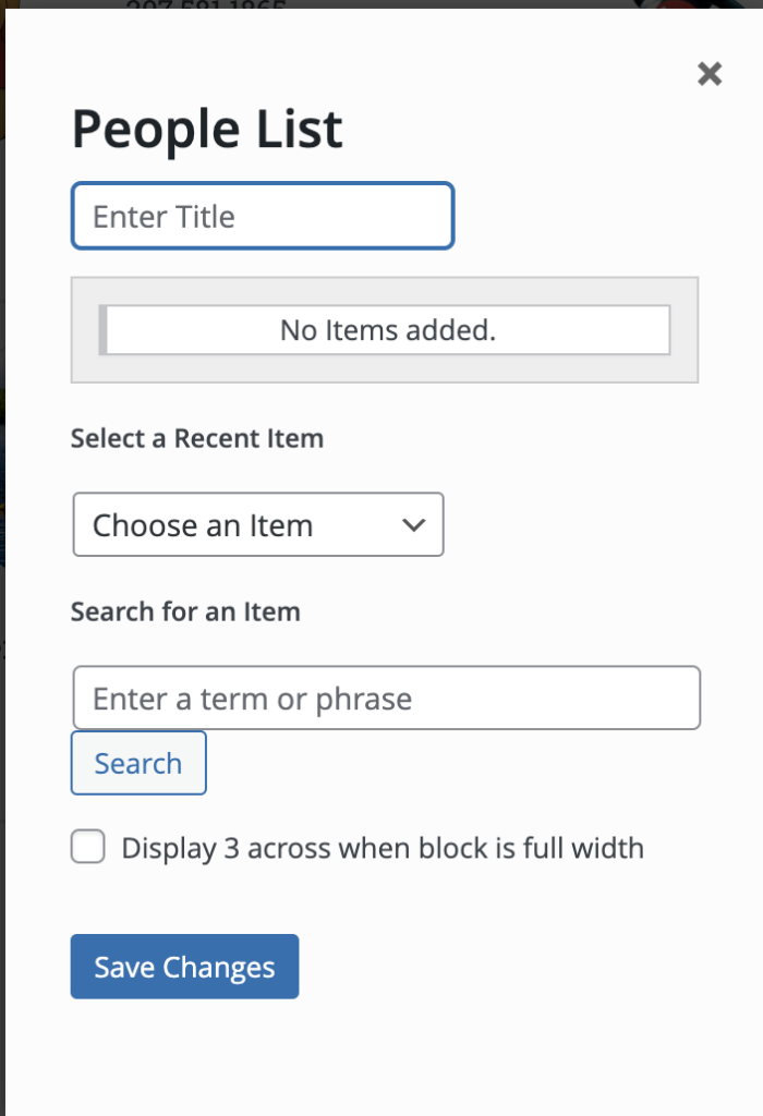 A screenshot of the dialog box for the people list content block.