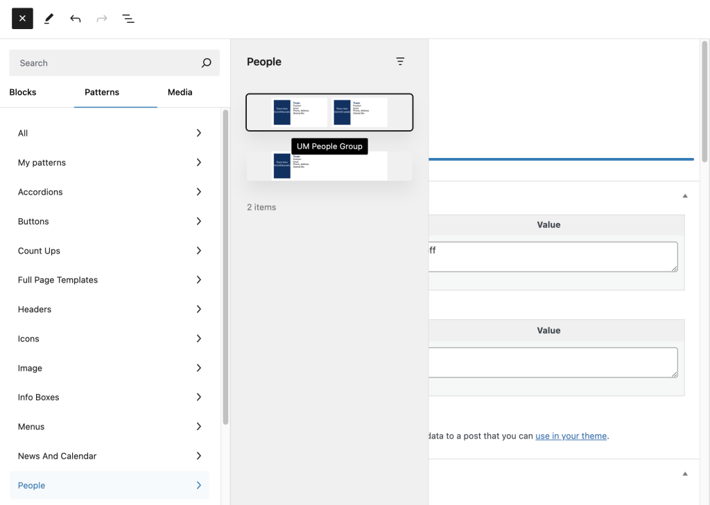 A screenshot of the Gutenberg editor displaying the UM People Group pattern.