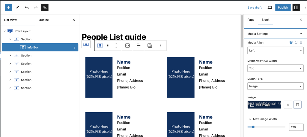 An info box settings panel with the Media section selected.