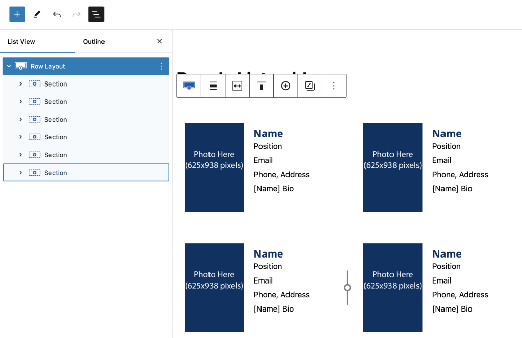 A screenshot showing the six people sections created.