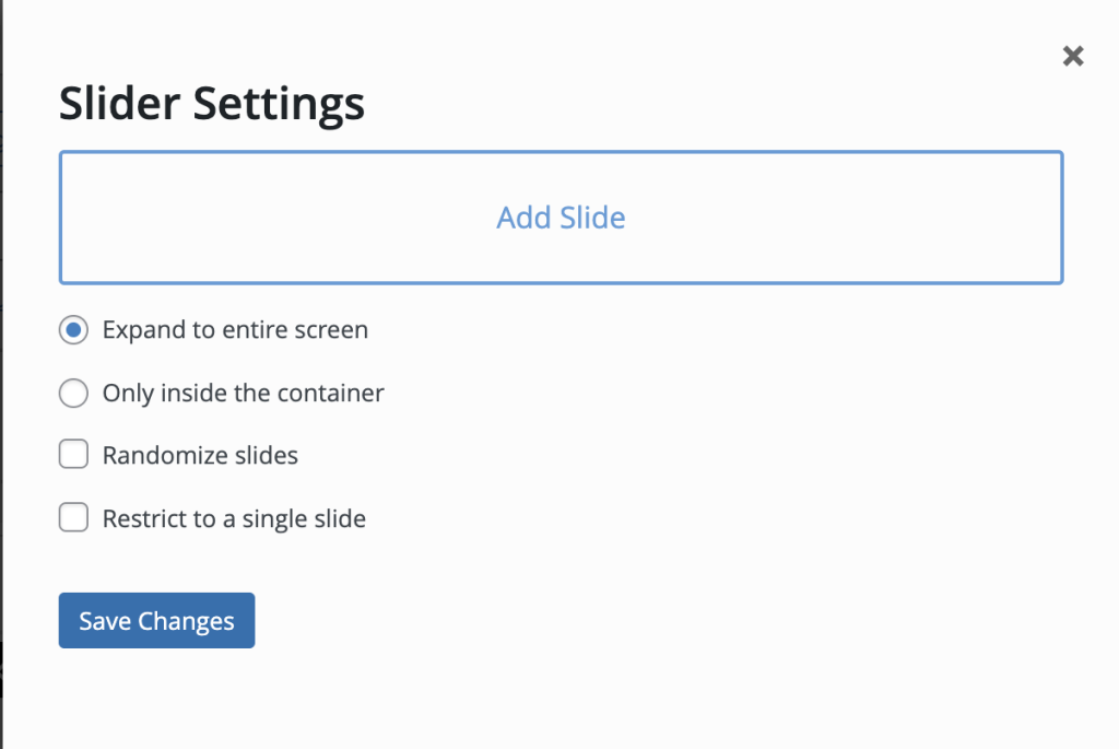 A screenshot of the modal window for slider settings.