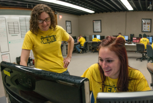 Picture of Lab members Kendra Bird and Emily Blackwood working on a gis project