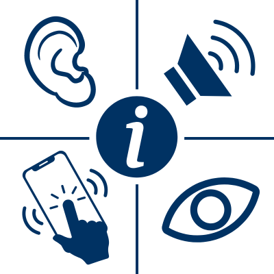 Graphic with a central info icon surrounded by ear, an eye, a smartphone vibrating in response to a finger touch, and a volume icon