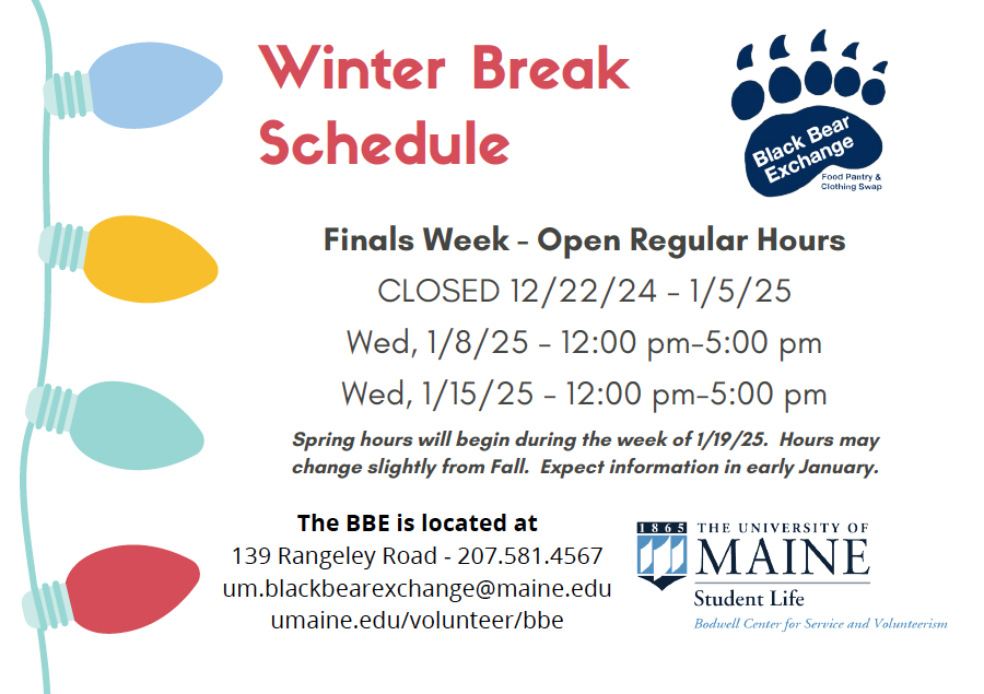 The BBE will be open regular hours during Finals Week.  We will be closed 12/22/24 through 1/5/25.  We will be open 1/8/25 12:00 pm to 5:00 pm and 1/25/25 12:00 pm to 5:00 pm.  Spring hours will begin during the week of 1/19/25.  Hours may vary slightly from Fall.  Expect information in early January.