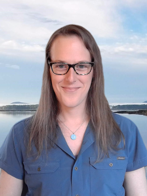 Head shot of Bea Van Dam with the mouth of the Jordan River estuary in the background