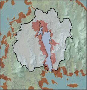 Map view of Mount Desert Island, ME, with the watershed area surrounding Somes Sound highlighted