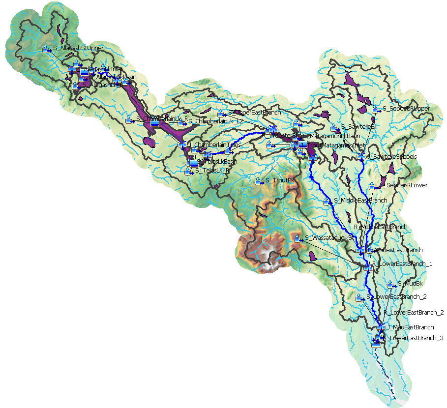 Map view of the hydrologic model schematic for the East Branch Penobscot River, including subbasins, river reaches, and lakes.