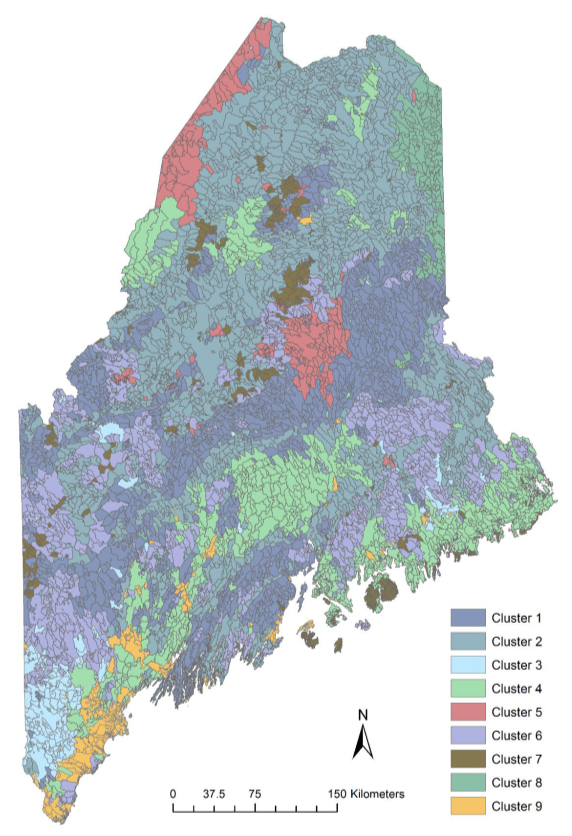 Map of the State of Maine with patchwork of colors corresponding to nine Geomorphic Response Unit "clusters"