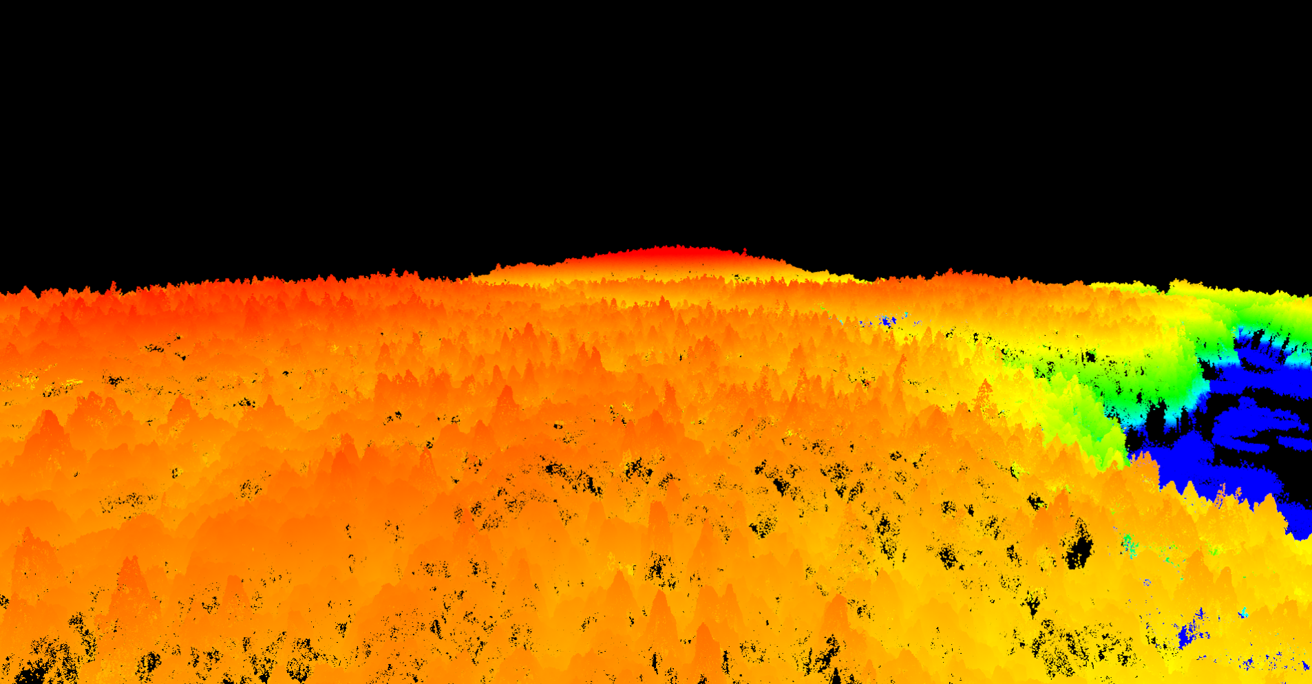 Elevation-colored point cloud of a forest