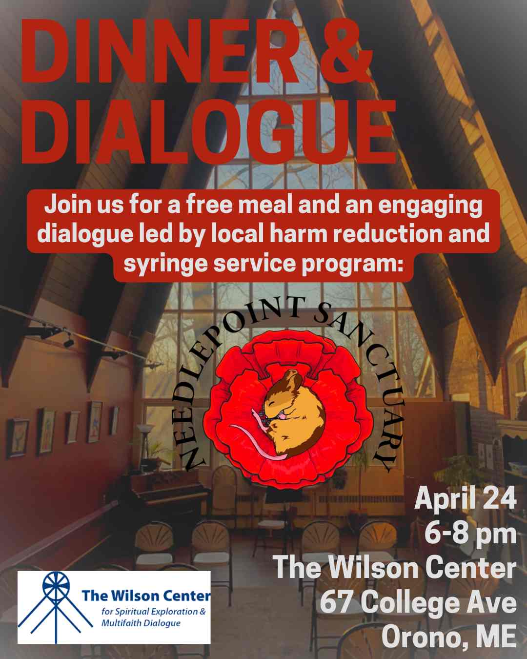 Dinner and Dialogue will have Willis from the Needlepoint Sanctuary on Apr 24 from 6-8 pm.