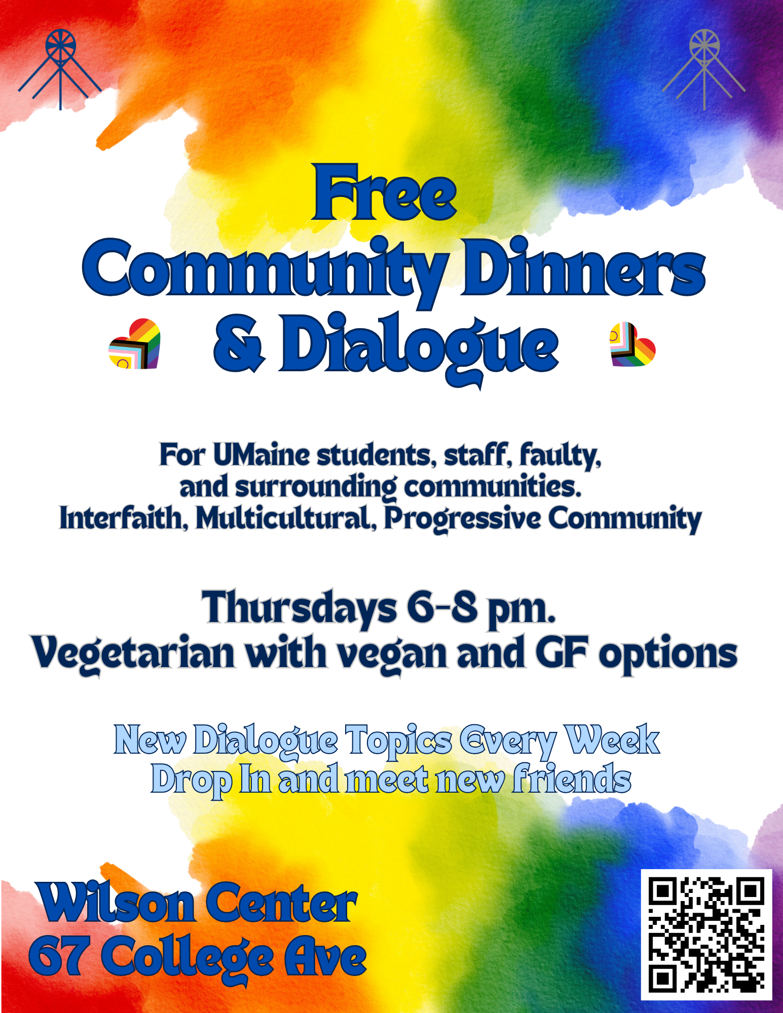 Weekly Dinner and Dialogue. Free vegan/vegetarian dinner followed by dialogue on a thoughtful topic with a different facilitator each week.