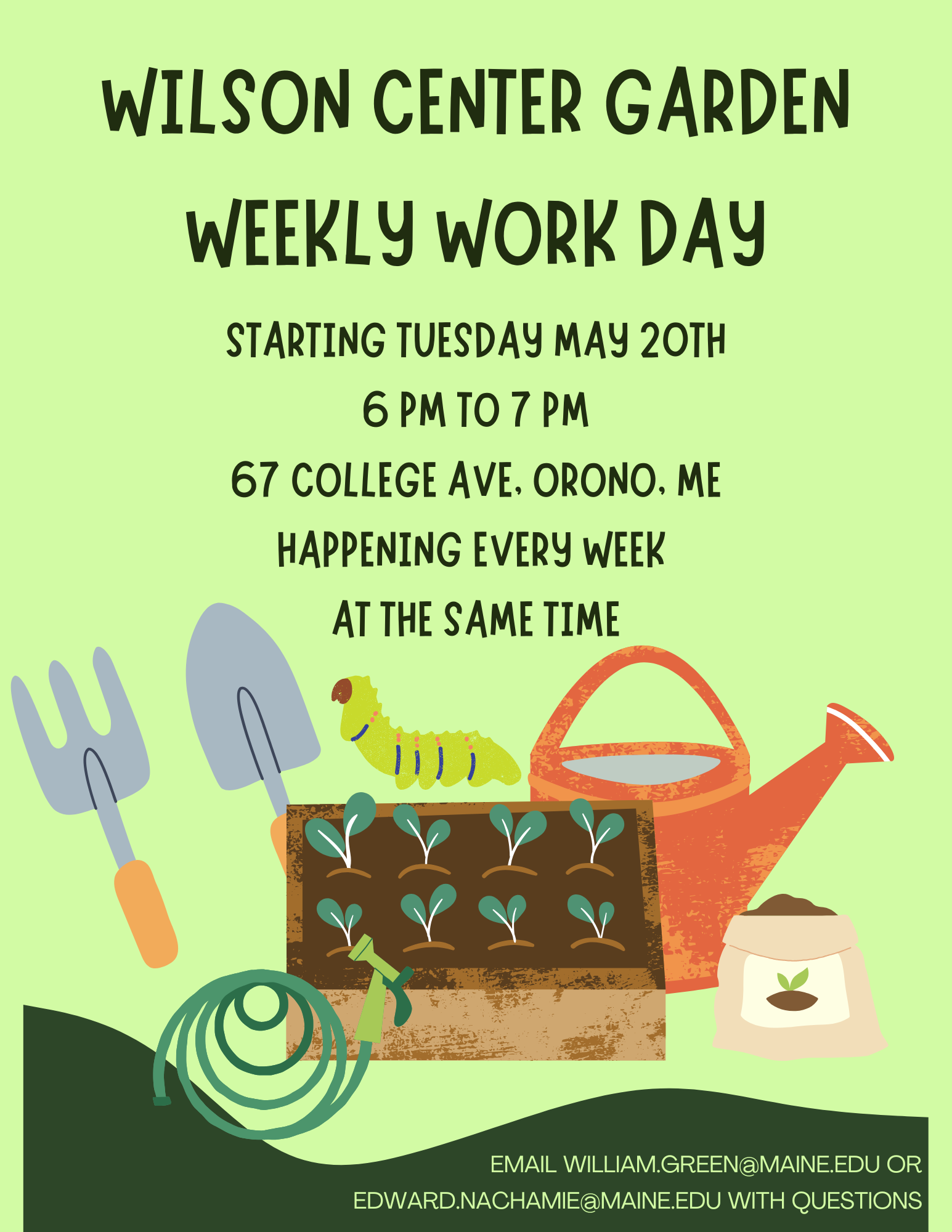 Join us for our weekly garden work "party" and help keep the gardens growing strong. This will happen every Tuesday from 6-7 pm throughout the summer. contact williamgreen@maine.edu or edward.nachamie@maine.edu with questions.