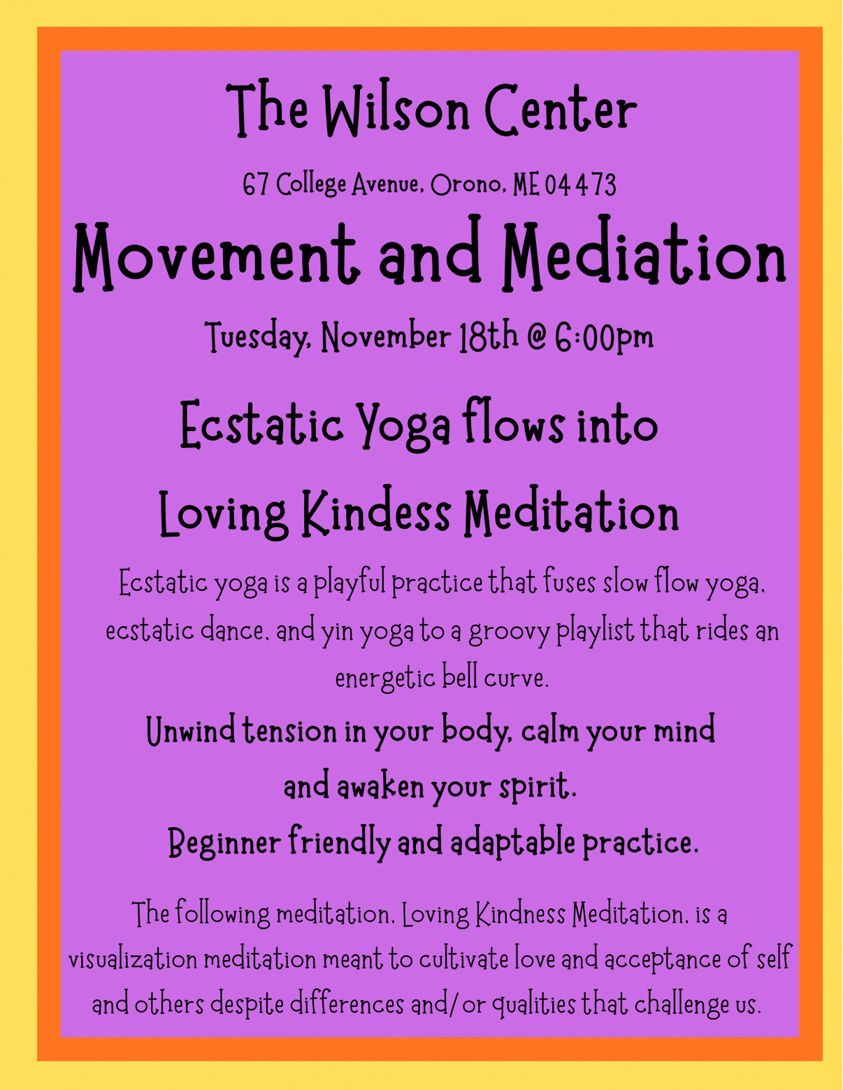 Flier for special Movement and Meditation experience happening on Nov 18