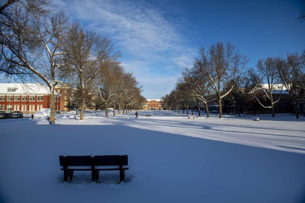Campus in winter with snow
