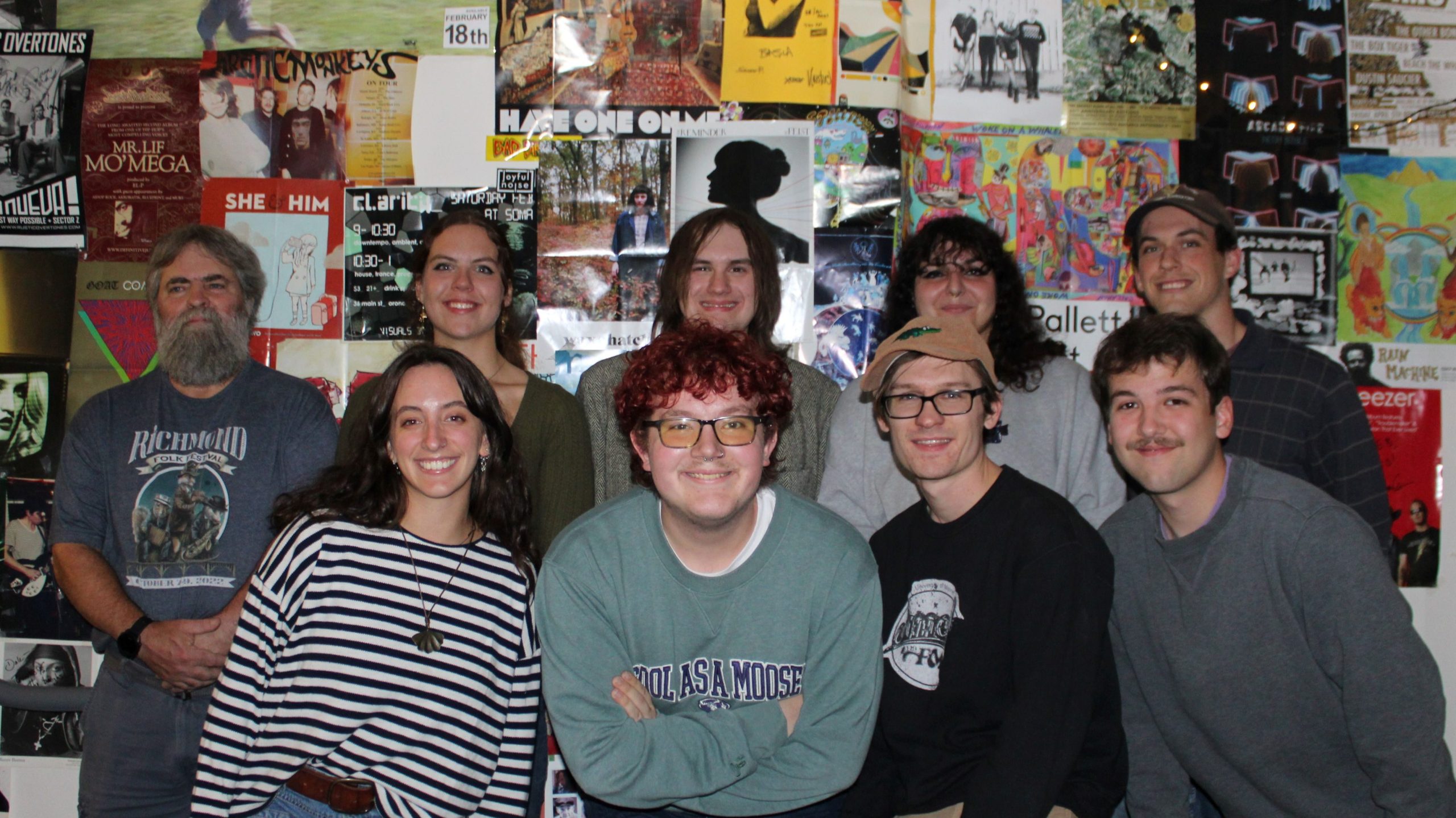 The WMEB Staff posing for a group photo. Top Row (R-L): Murph, Ava, Haden, Violetta, Henry. Bottom Row (R-L): Lilli, Ryan, Weggy, Joe