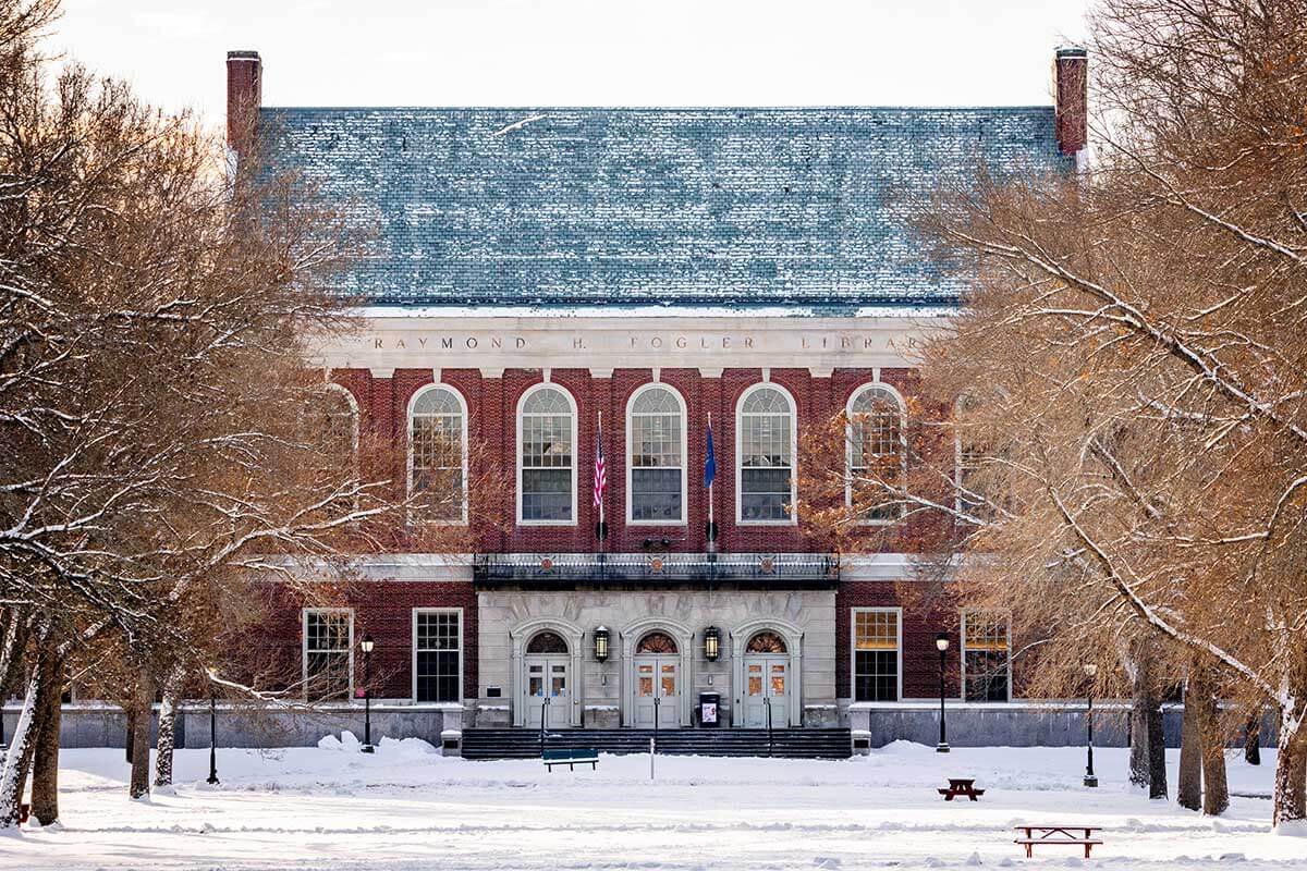 A photo of UMaine's Fogler Library in winter