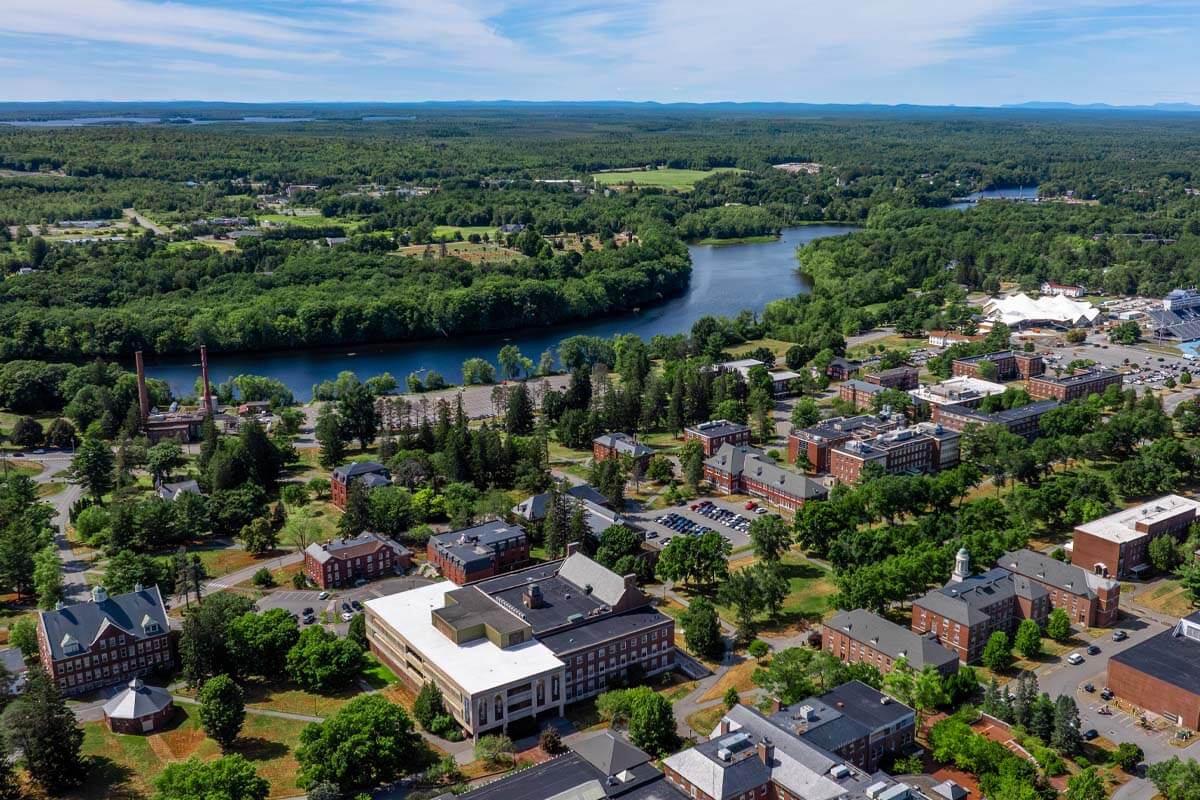 An aerial image of campus and the Stillwater River