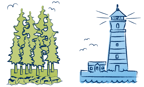 forest, birds flying, lighthouse