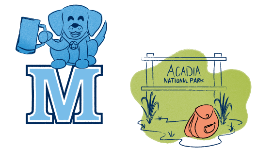 Bear the Comfort Canine holding a UMaine stein, UMaine M logo, Acadia National Park sign with backpack