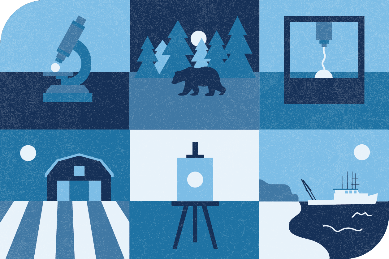 An illustrated collage showing research, farms, 3D printing, the ocean, a bear in the forest and an easel. 