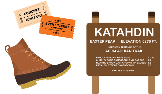 Tickets, Bean Boots, Katahdin Sign