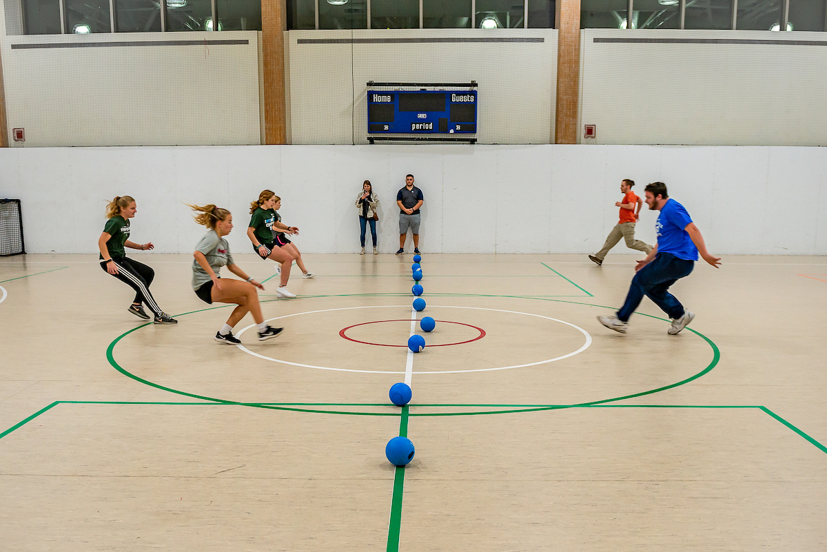 A photo of students playing dodgeball