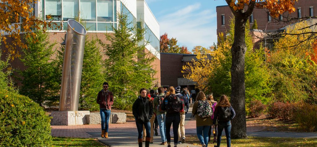 A photo of students walking through Cloke Plaza