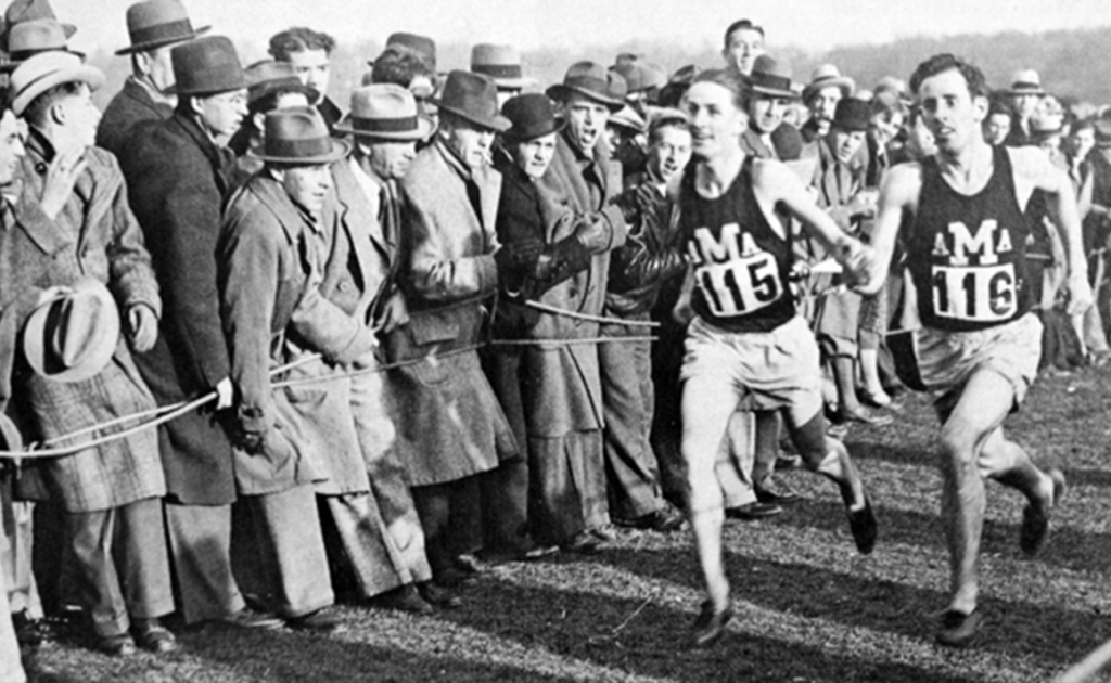 An archival photo of the cross country team
